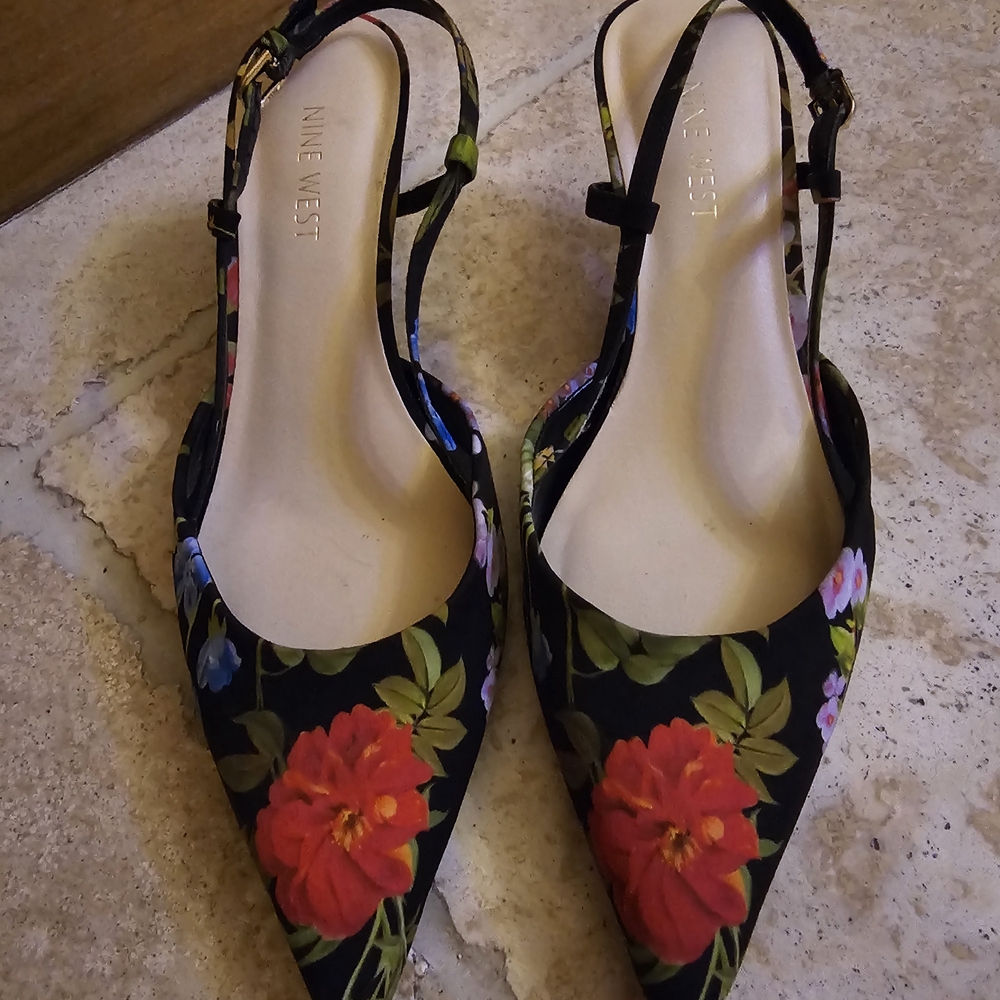 Nine West Black Floral Heels with Red and Green Accents